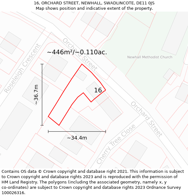 16, ORCHARD STREET, NEWHALL, SWADLINCOTE, DE11 0JS: Plot and title map