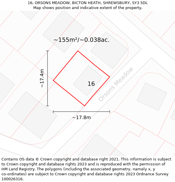 16, ORSONS MEADOW, BICTON HEATH, SHREWSBURY, SY3 5DL: Plot and title map