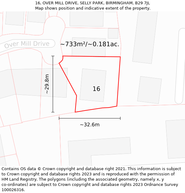 16, OVER MILL DRIVE, SELLY PARK, BIRMINGHAM, B29 7JL: Plot and title map