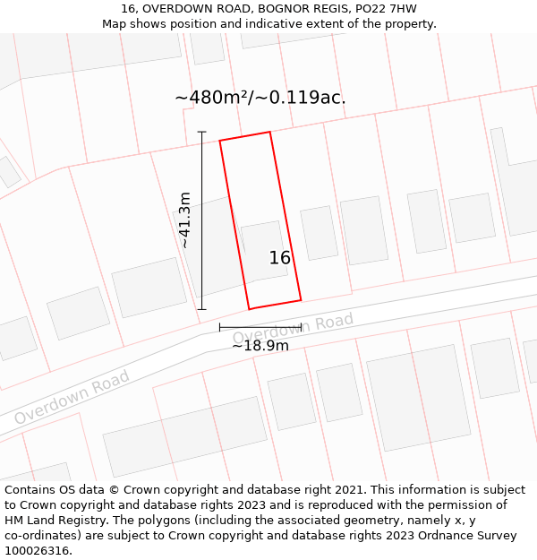 16, OVERDOWN ROAD, BOGNOR REGIS, PO22 7HW: Plot and title map