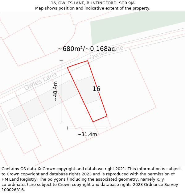 16, OWLES LANE, BUNTINGFORD, SG9 9JA: Plot and title map