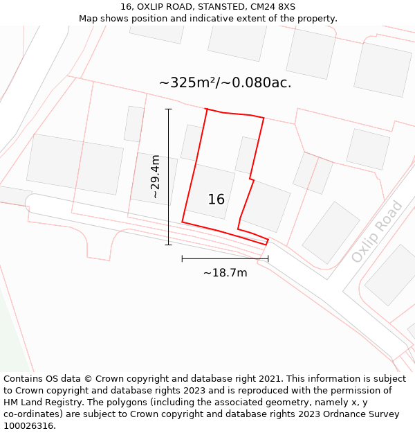 16, OXLIP ROAD, STANSTED, CM24 8XS: Plot and title map