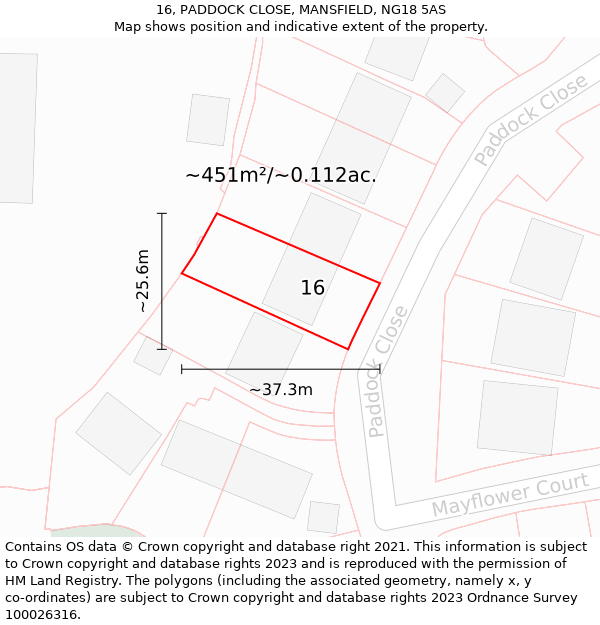 16, PADDOCK CLOSE, MANSFIELD, NG18 5AS: Plot and title map