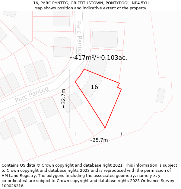 16, PARC PANTEG, GRIFFITHSTOWN, PONTYPOOL, NP4 5YH: Plot and title map