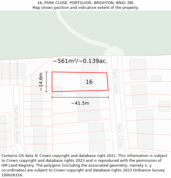 16, PARK CLOSE, PORTSLADE, BRIGHTON, BN41 2BL: Plot and title map