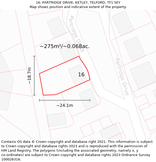 16, PARTRIDGE DRIVE, KETLEY, TELFORD, TF1 5EY: Plot and title map