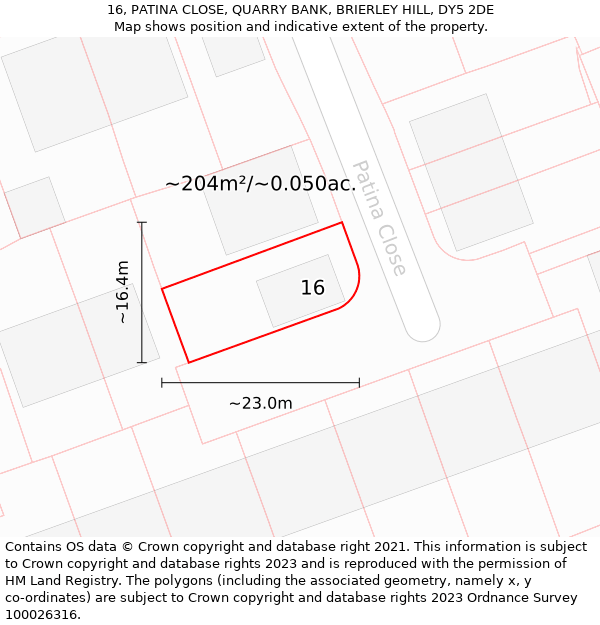 16, PATINA CLOSE, QUARRY BANK, BRIERLEY HILL, DY5 2DE: Plot and title map