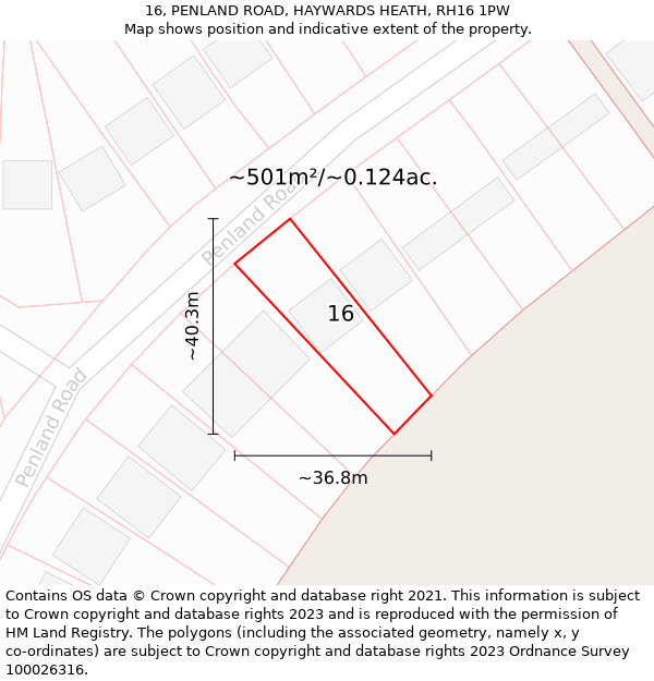 16, PENLAND ROAD, HAYWARDS HEATH, RH16 1PW: Plot and title map