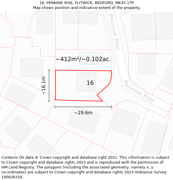 16, PENNINE RISE, FLITWICK, BEDFORD, MK45 1TP: Plot and title map