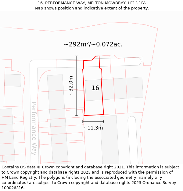 16, PERFORMANCE WAY, MELTON MOWBRAY, LE13 1FA: Plot and title map