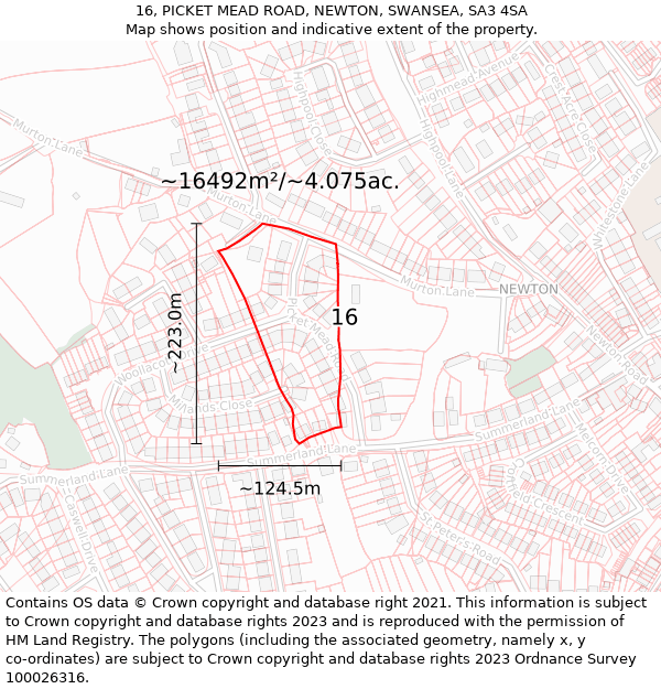 16, PICKET MEAD ROAD, NEWTON, SWANSEA, SA3 4SA: Plot and title map