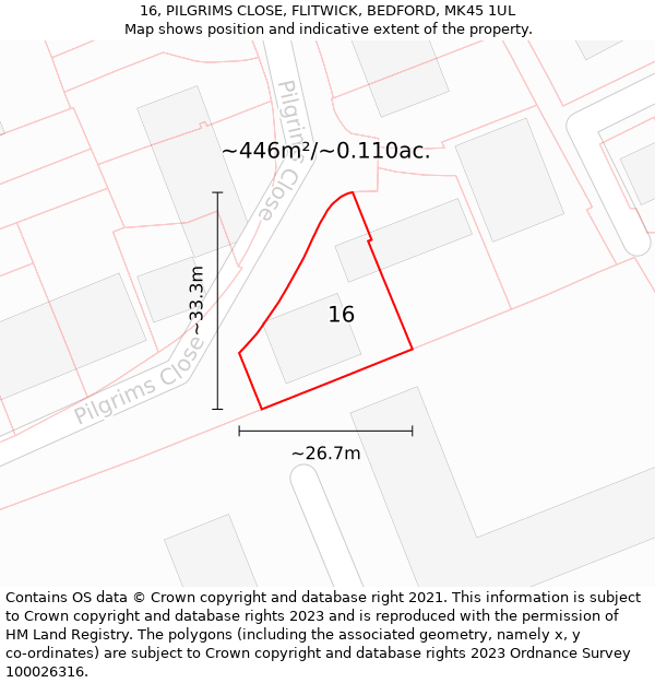 16, PILGRIMS CLOSE, FLITWICK, BEDFORD, MK45 1UL: Plot and title map