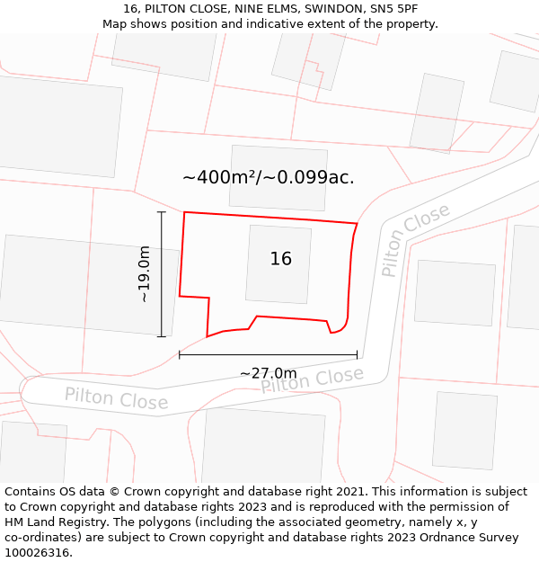 16, PILTON CLOSE, NINE ELMS, SWINDON, SN5 5PF: Plot and title map