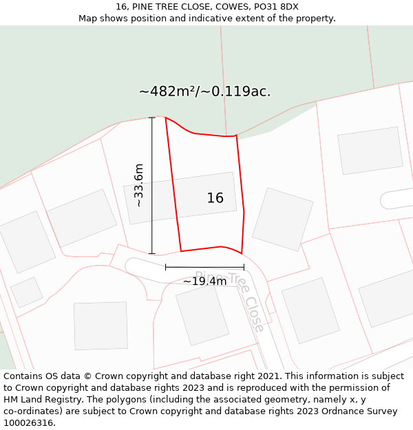 16, PINE TREE CLOSE, COWES, PO31 8DX: Plot and title map