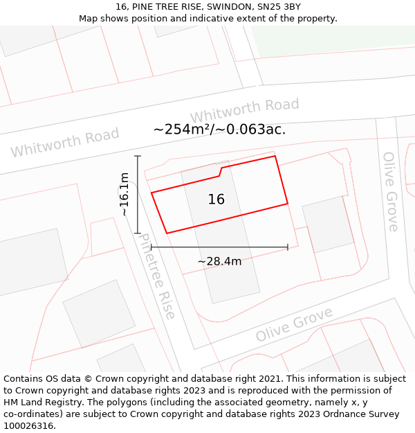 16, PINE TREE RISE, SWINDON, SN25 3BY: Plot and title map