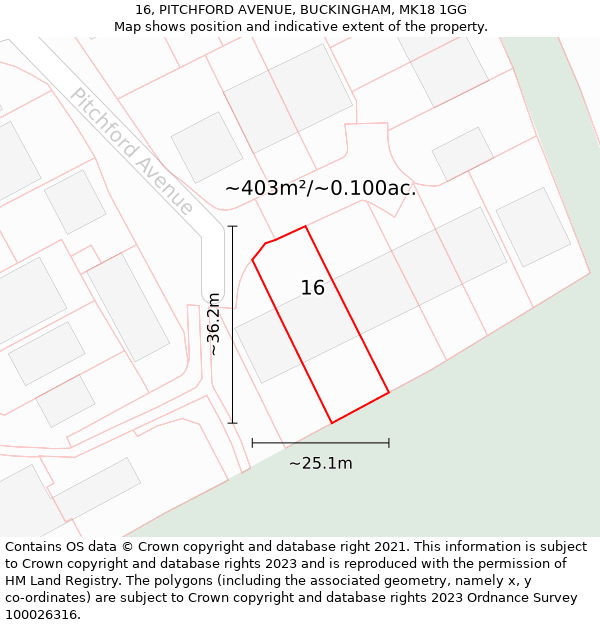 16, PITCHFORD AVENUE, BUCKINGHAM, MK18 1GG: Plot and title map