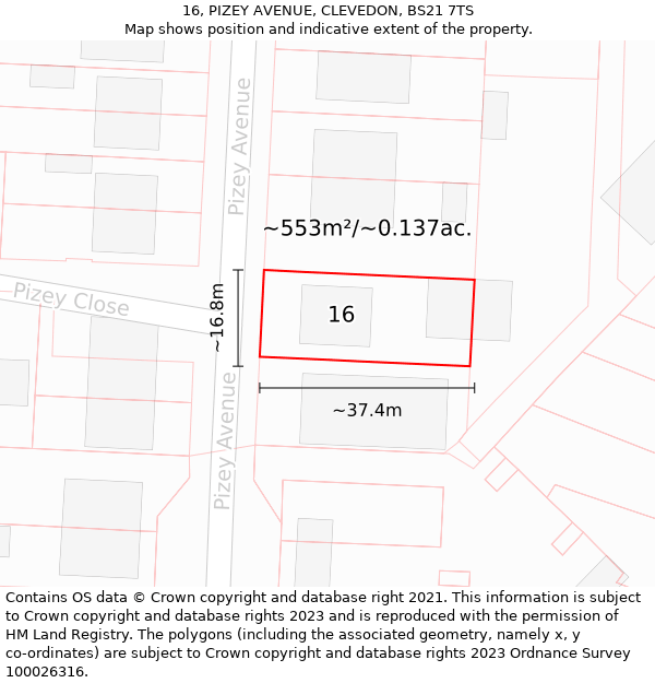 16, PIZEY AVENUE, CLEVEDON, BS21 7TS: Plot and title map