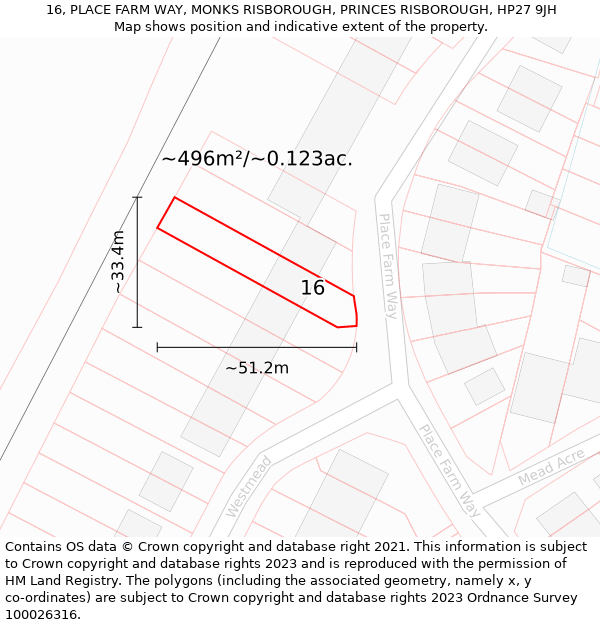 16, PLACE FARM WAY, MONKS RISBOROUGH, PRINCES RISBOROUGH, HP27 9JH: Plot and title map