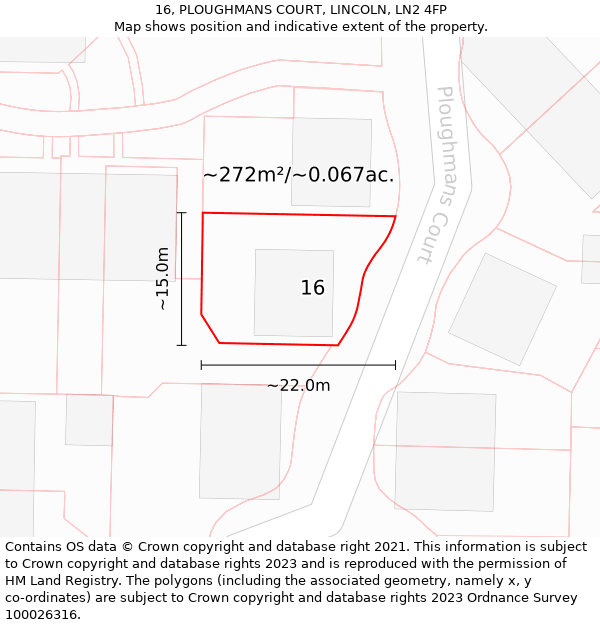 16, PLOUGHMANS COURT, LINCOLN, LN2 4FP: Plot and title map
