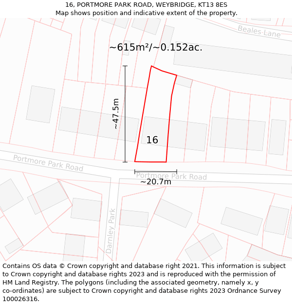 16, PORTMORE PARK ROAD, WEYBRIDGE, KT13 8ES: Plot and title map