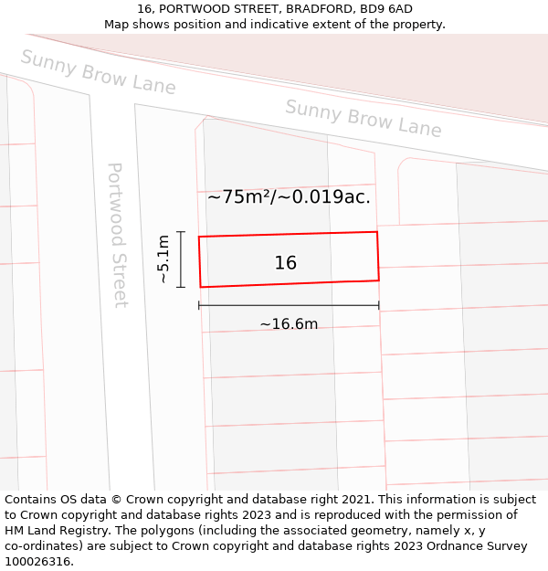 16, PORTWOOD STREET, BRADFORD, BD9 6AD: Plot and title map