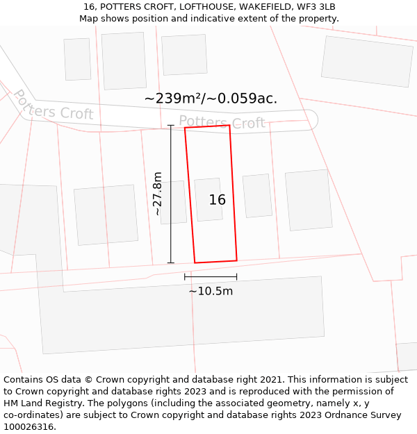 16, POTTERS CROFT, LOFTHOUSE, WAKEFIELD, WF3 3LB: Plot and title map