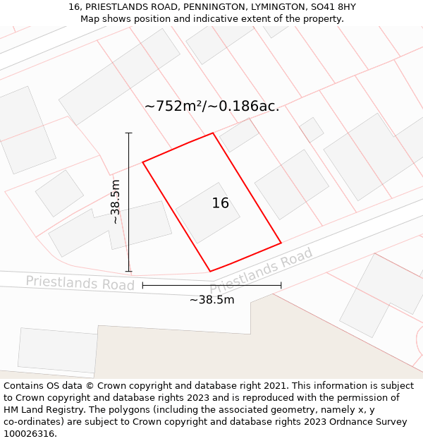 16, PRIESTLANDS ROAD, PENNINGTON, LYMINGTON, SO41 8HY: Plot and title map