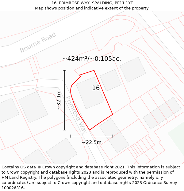 16, PRIMROSE WAY, SPALDING, PE11 1YT: Plot and title map