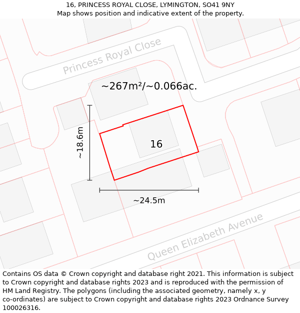 16, PRINCESS ROYAL CLOSE, LYMINGTON, SO41 9NY: Plot and title map