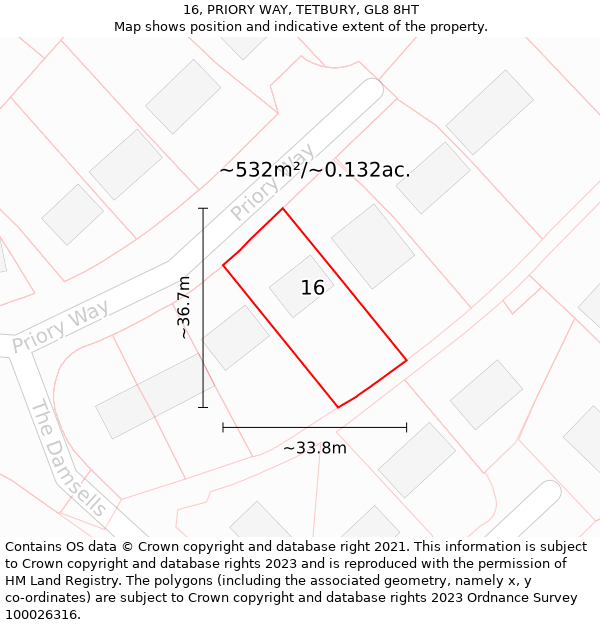 16, PRIORY WAY, TETBURY, GL8 8HT: Plot and title map