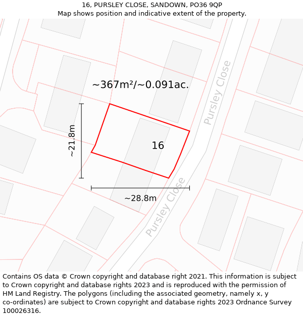 16, PURSLEY CLOSE, SANDOWN, PO36 9QP: Plot and title map