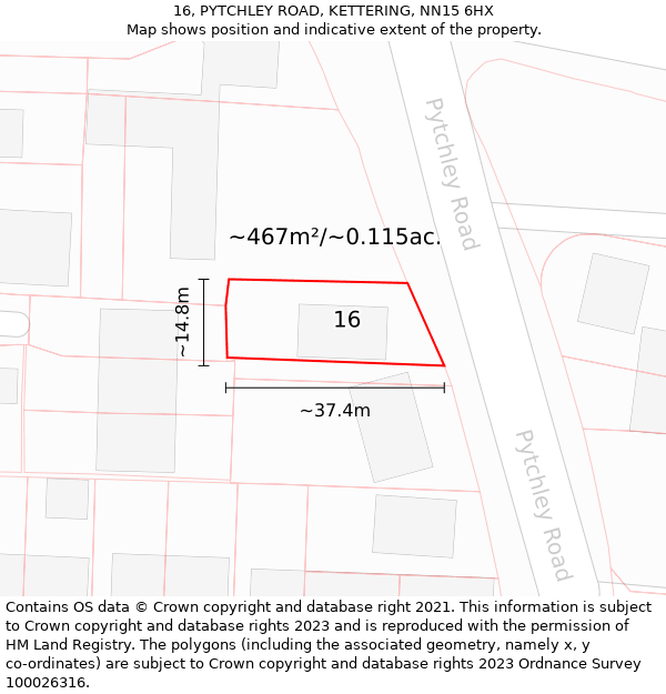 16, PYTCHLEY ROAD, KETTERING, NN15 6HX: Plot and title map