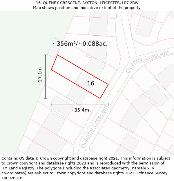 16, QUENBY CRESCENT, SYSTON, LEICESTER, LE7 2BW: Plot and title map