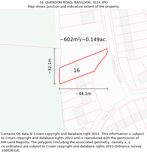 16, QUENDON ROAD, BASILDON, SS14 3PD: Plot and title map