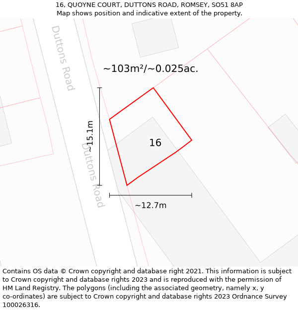 16, QUOYNE COURT, DUTTONS ROAD, ROMSEY, SO51 8AP: Plot and title map