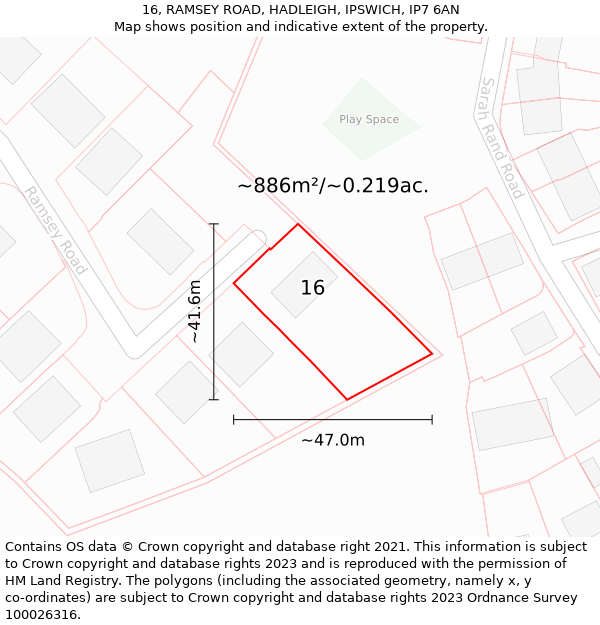 16, RAMSEY ROAD, HADLEIGH, IPSWICH, IP7 6AN: Plot and title map