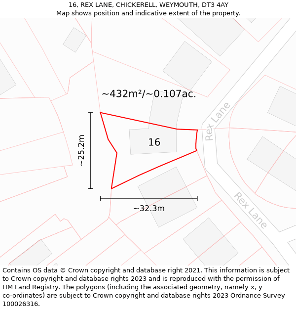 16, REX LANE, CHICKERELL, WEYMOUTH, DT3 4AY: Plot and title map