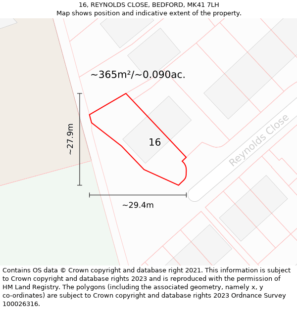 16, REYNOLDS CLOSE, BEDFORD, MK41 7LH: Plot and title map