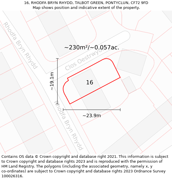 16, RHODFA BRYN RHYDD, TALBOT GREEN, PONTYCLUN, CF72 9FD: Plot and title map