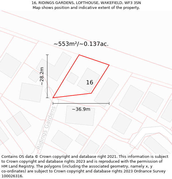 16, RIDINGS GARDENS, LOFTHOUSE, WAKEFIELD, WF3 3SN: Plot and title map