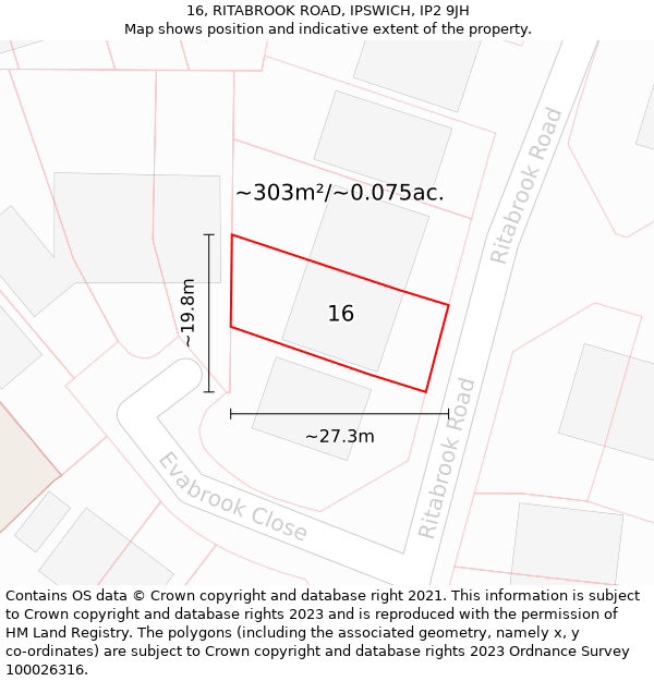 16, RITABROOK ROAD, IPSWICH, IP2 9JH: Plot and title map