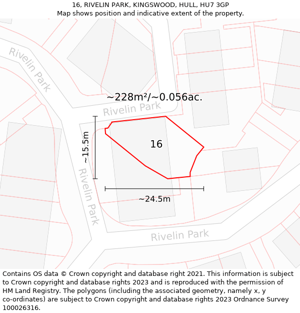 16, RIVELIN PARK, KINGSWOOD, HULL, HU7 3GP: Plot and title map