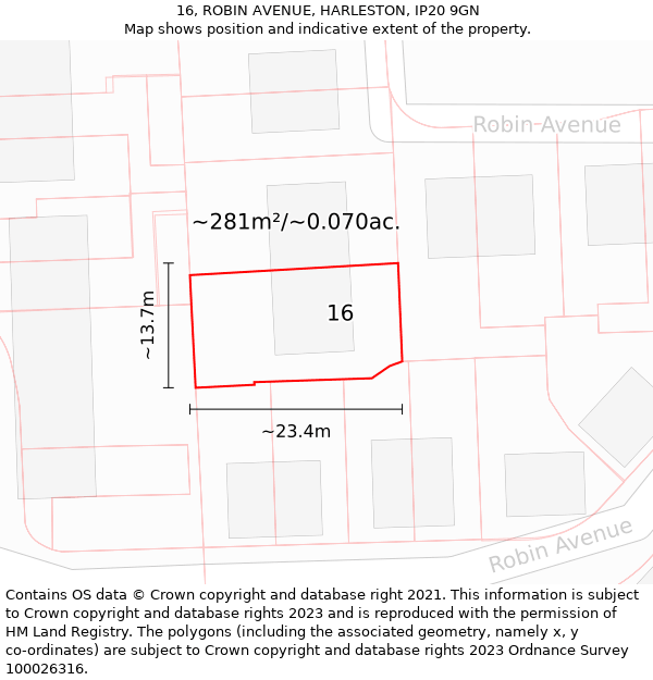 16, ROBIN AVENUE, HARLESTON, IP20 9GN: Plot and title map