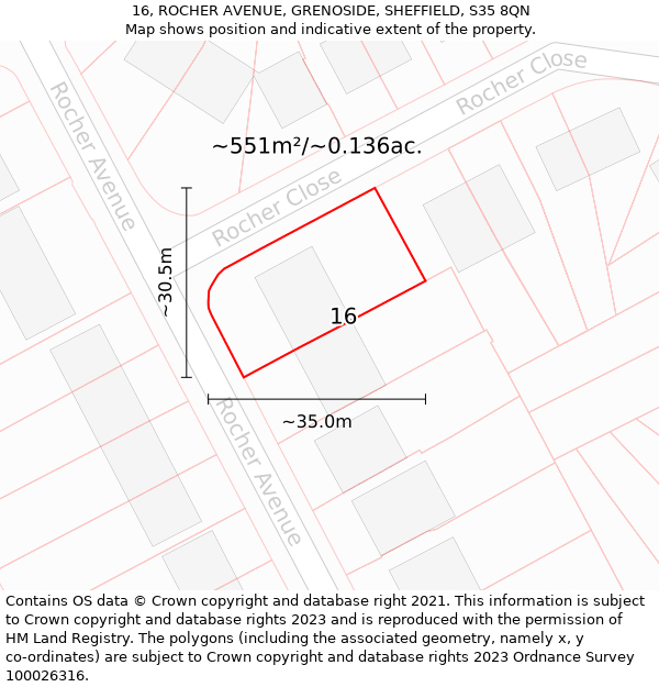 16, ROCHER AVENUE, GRENOSIDE, SHEFFIELD, S35 8QN: Plot and title map