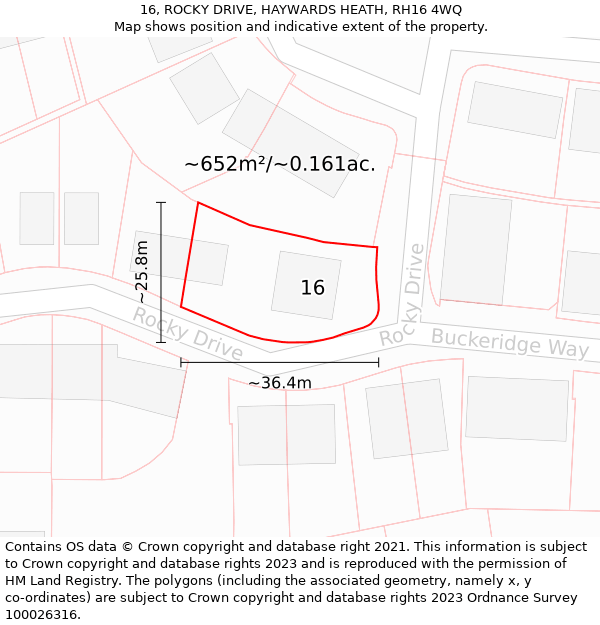 16, ROCKY DRIVE, HAYWARDS HEATH, RH16 4WQ: Plot and title map