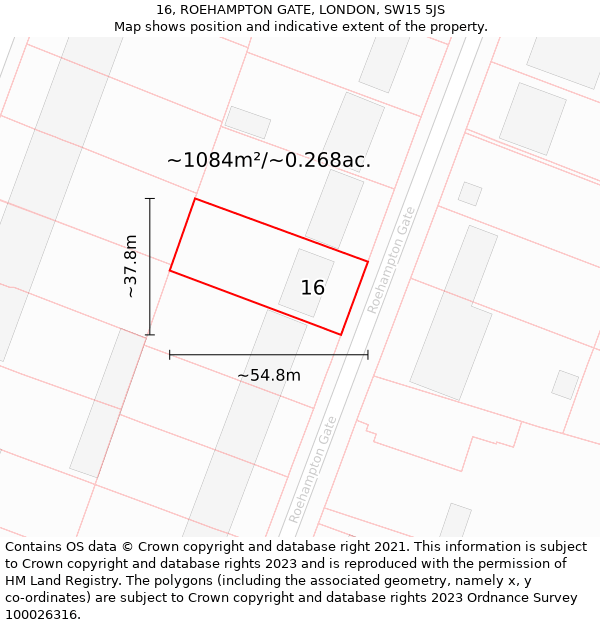 16, ROEHAMPTON GATE, LONDON, SW15 5JS: Plot and title map