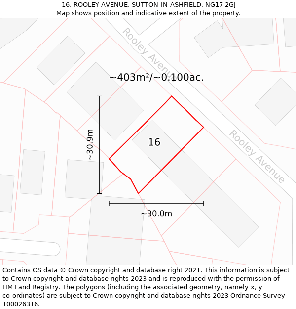 16, ROOLEY AVENUE, SUTTON-IN-ASHFIELD, NG17 2GJ: Plot and title map