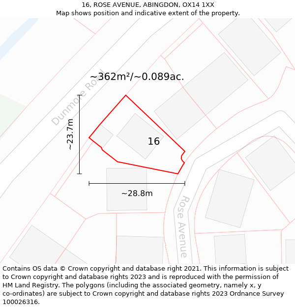 16, ROSE AVENUE, ABINGDON, OX14 1XX: Plot and title map