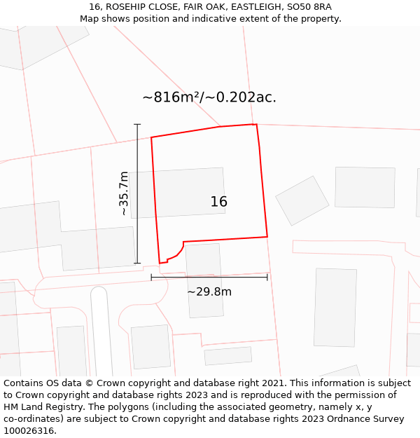 16, ROSEHIP CLOSE, FAIR OAK, EASTLEIGH, SO50 8RA: Plot and title map