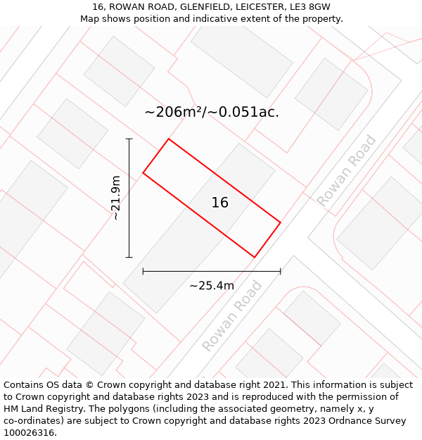 16, ROWAN ROAD, GLENFIELD, LEICESTER, LE3 8GW: Plot and title map